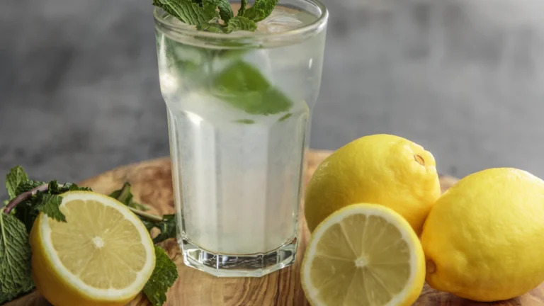 Bebida de limón en un vaso con hojas de menta