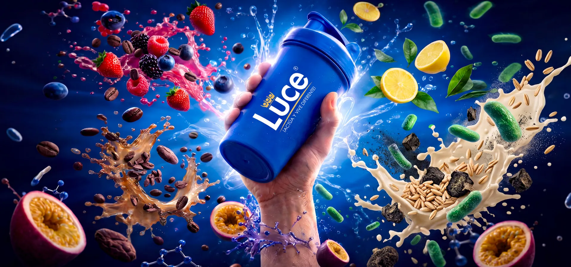 Shaker Luce con frutas, café, cacao e ingredientes de sus bebidas nutritivas